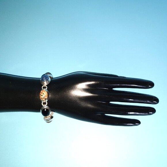 Chunky Vintage Taxco Mexico TH-75 Sterling Silver Multi-Gemstone Link Bracelet - Picture 11 of 16